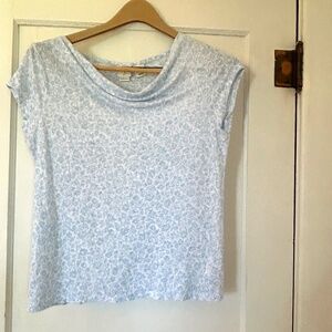 Joie 100% Soft Linen White Blue Ditsy Floral Cap Sleeve Drape Slub Knit Blouse